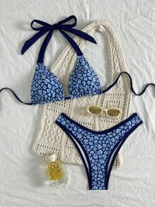 Swim Mod 女士海滩夏季服装，随机花卉印花吊带比基尼套装，可爱泳衣 - 彩色 - 查看 1