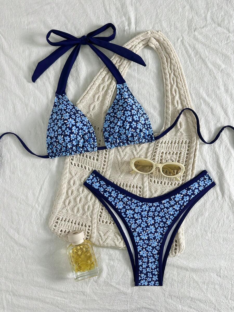 Swim Mod 女士海滩夏季服装，随机花卉印花吊带比基尼套装，可爱泳衣 - 彩色 - 查看 1