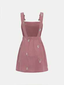 SHEIN Girlism 青少年女孩花卉刺繡燈芯絨背帶裙 - 藕粉色 - 查看 2