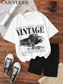 SHEIN Explorewe 2pcs/Set Girls Casual Sports Outfit, Vintage Car Print Loose Top And Matching Tight Leggings, Comfortable For Spring/Summer Sports & Outdoor Activities - Black and White - View 1