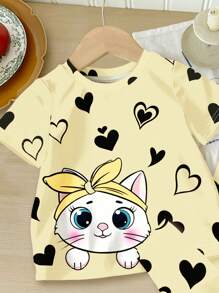 SHEIN 女宝宝休闲简约卡通猫咪印花贴身圆领短袖长裤睡衣，适合夏季 - 彩色 - 查看 3