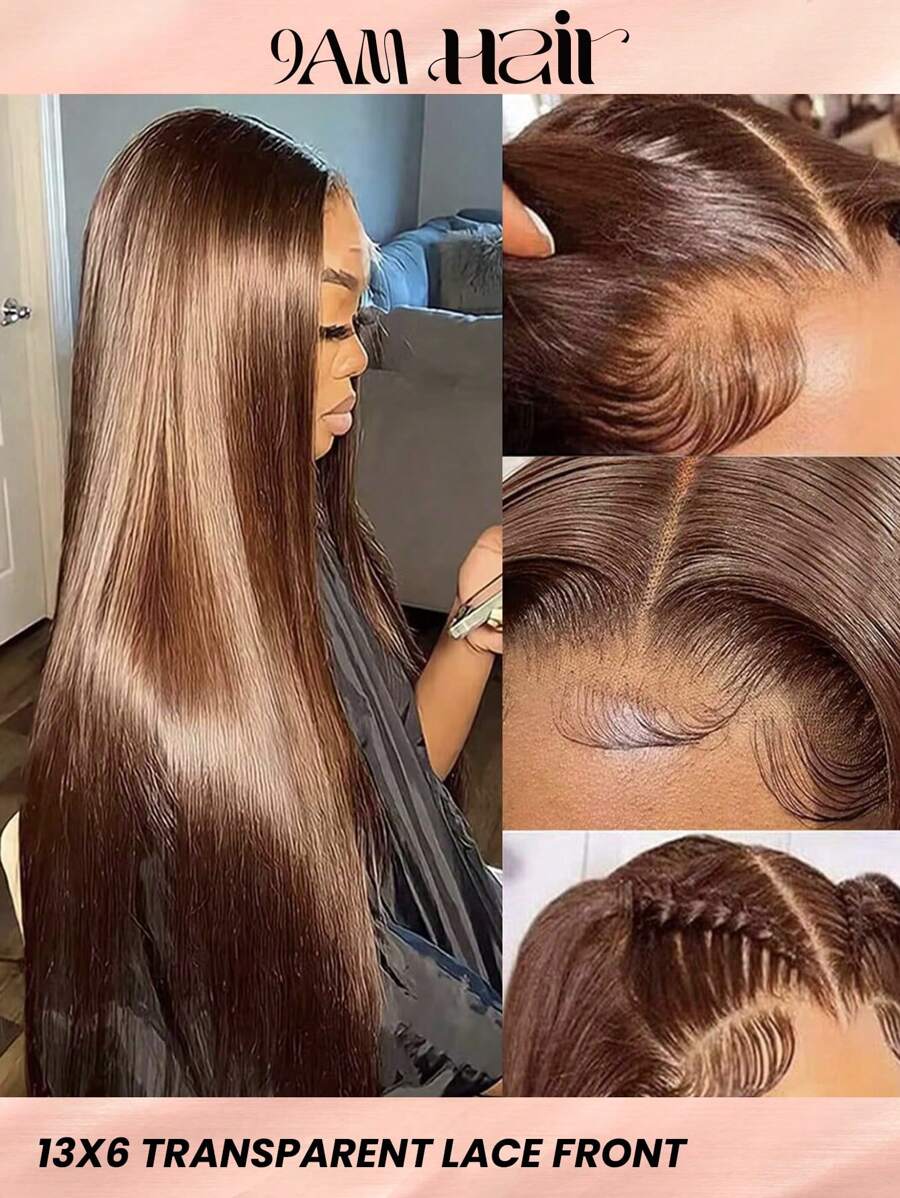 13x6 柔滑直瀏海人髮蕾絲前沿假髮 18-30英寸透明蕾絲襯托假髮 女性用4號巧克力棕色假髮 配有預拔頭髮線 - S4 - 查看 1