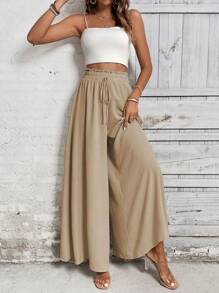 Breezaya Black Casual Wide Leg Pants, Solid Color Minimalist, Suitable For Summer Fall Cloth For Women - Khaki - View 3