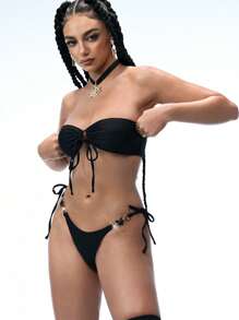 SHEIN Swim Event Women's Sexy Two-Piece Swimwear, Bandeau Hollow-Out Bikini Set - Black - View 7