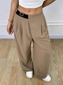 Comfortcana Women's Buckle Waist Pleated Wide Leg Casual Pants