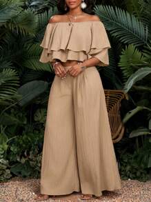 SHEIN Lady Women's Vacation Casual Solid Color Off-Shoulder Ruffled Hem Crop Top & Wide Leg Pants 2 Pieces Set Vacation Outfits Women Resort Wear Vacation Outfits Woman Sets Resort Wear For Women Women Outfit Sets Summer Women Summer Clothes Women Two Pieces Outfits Boho/Bohemia/Boho Women's Clothing; African Woman Clothing New Arrivals Women Dress Beach Dress - Khaki - View 5