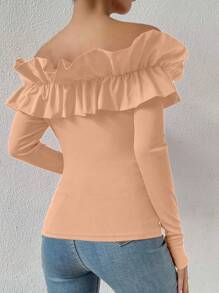 Chiquease 女士纯色荷叶边露肩长袖休闲 T 恤 - 粉色 - 查看 2