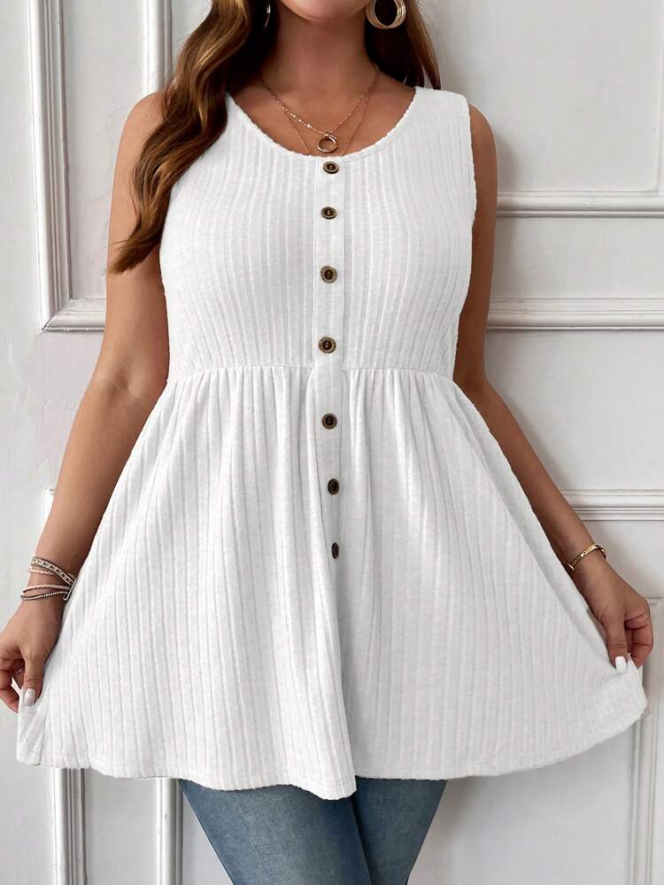 Plus Size Casual Solid Color Front Button Tank Top, Summer