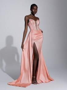 SHEIN Belle 优雅华丽的珊瑚粉色奢华缎面手工钻石链露肩系带褶皱性感开叉鱼尾带飘带和拖尾下摆连衣裙适合约会单身派对鸡尾酒会毕业典礼正式场合晚礼服、礼服、晚会、婚礼宾客 - 粉色 - 查看 7