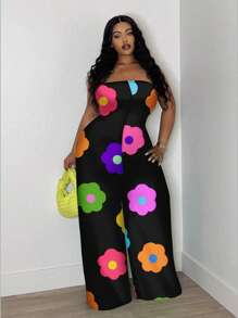 Slaydiva 休闲简约花卉印花露肩连体裤，一体式阔腿裤，加大码 - 彩色 - 查看 6