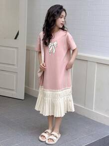 DAZY Tween Girl Round Neck Knit Short Sleeve Butterfly Print Patchwork Dress, Summer,Back To School Clothes - Pink - View 4
