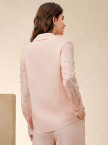 Anewsta 奢华优雅透明长袖衬衫，镶有水钻纽扣设计，商务休闲外观 - 粉色 - 查看 2