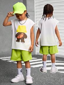 SHEIN 年轻男孩可爱熊印花背心和短裤套装（带帽子）-打造可爱的夏日造型 - 白色 - 查看 1