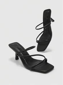 CUCCOO BIZCHIC Sandalias de tacón de aguja de 7cm con puntera cuadrada y multi-correas en color negro, adecuadas para uso en la playa en verano