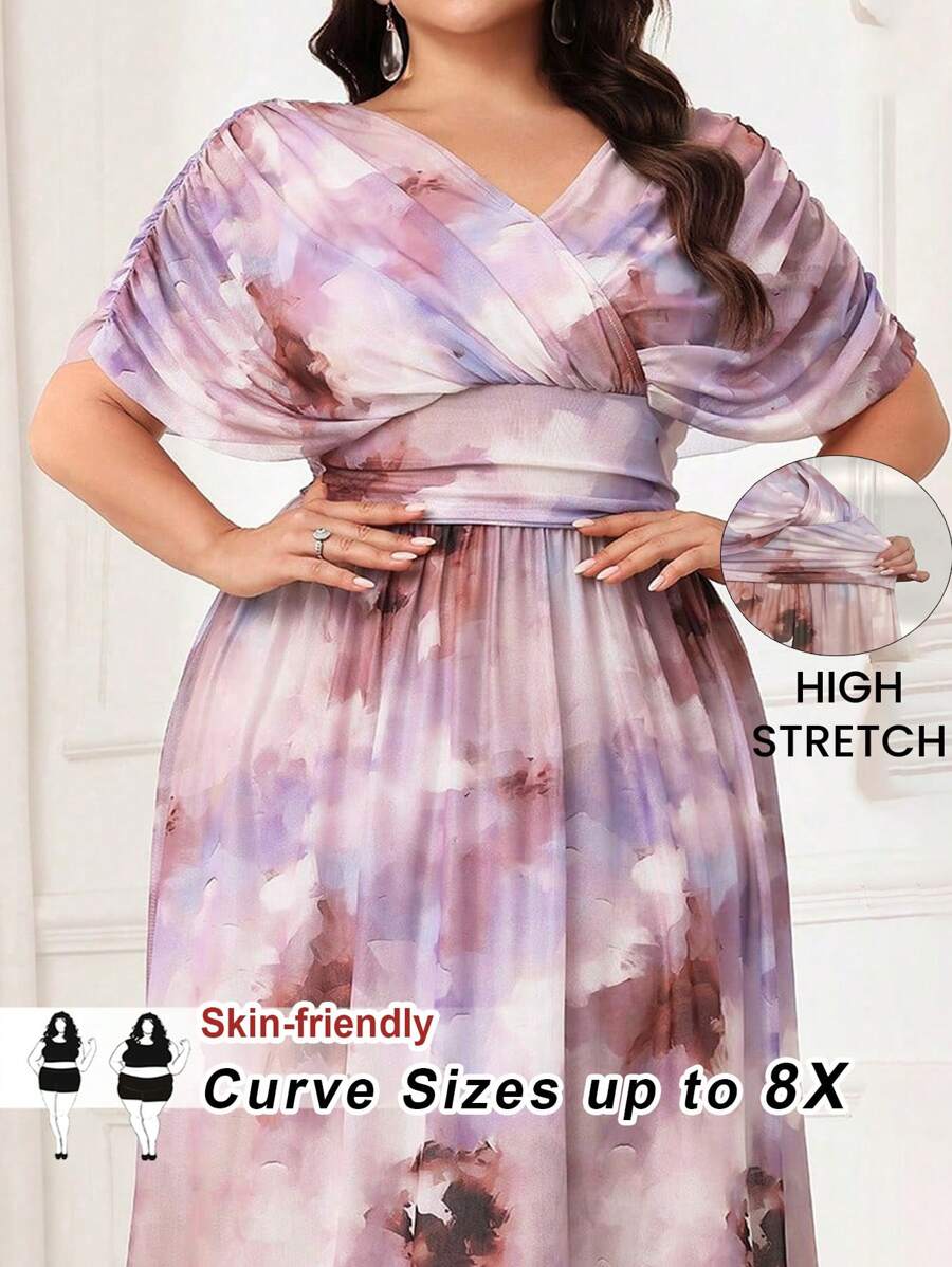 SHEIN CURVE+ Đầm dài tay cánh dơi họa tiết hoa thanh lịch cỡ lớn, Xuân/Hè - Hồng - Xem 1