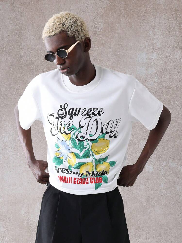 SUMWON Squeeze The Day Graphic Tee Fresh Made Beach Club T-Shirt Lemon Print Summer Vacation Casual Streetwear Short Sleeve Crew Neck Casual Top