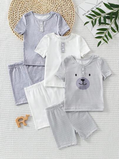 Conjunto casual de 3 piezas para el hogar de bebé niño: top de manga corta ajustado y pantalones cortos en combinación de gris a rayas y blanco