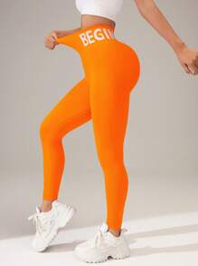 SHEIN Core Rhythm Sport Studio 女式高腰无缝修身紧身裤 - 弹性柔软透气四向拉伸紧身裤，适合跑步、骑行、瑜伽、泡菜球运动、休闲 - 橘色 - 查看 4