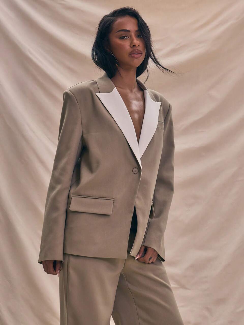 Oversized Contrast White Blazer,Autumn Chic Office Work Streetwear,Smart Casual Soft Serve Classy Holiday Graduation Wedding Guest Winter Jacket