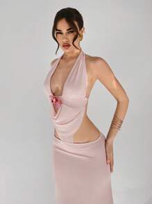 Aloruh 女士优雅性感 3D 花卉装饰露背连衣裙 - 粉色 - 查看 5