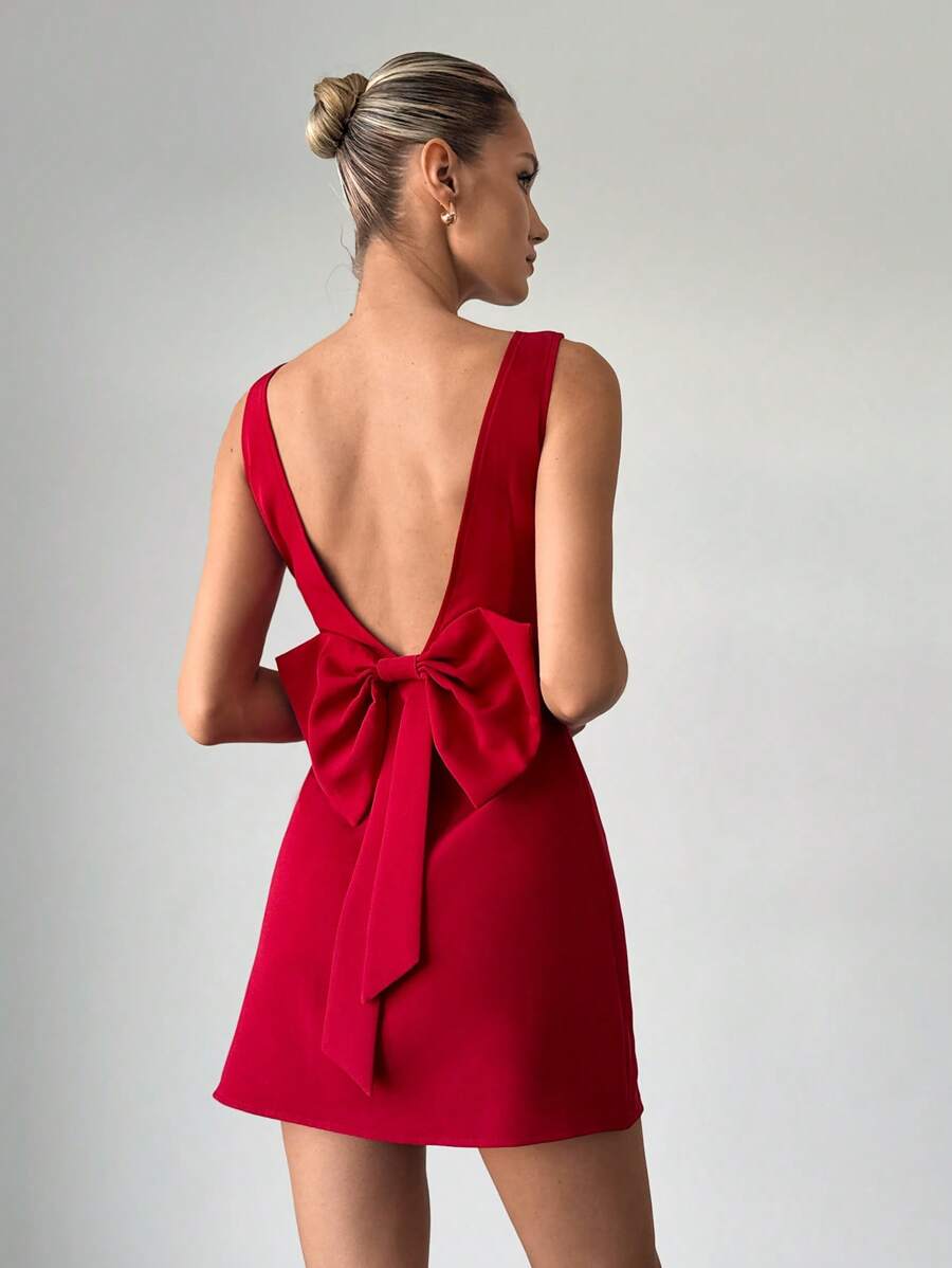 Firerie 新款优雅度假红色迷你连衣裙，性感露背蝴蝶结设计女士度假装女士婚礼宾客礼服女士/婚礼宾客礼服/新娘送礼会礼服白色；露背系带太阳裙 - 紅色 - 查看 1