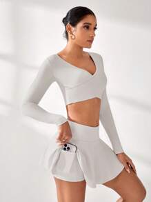 Eassivo Eassivo 2pcs Women's Sporty Casual Yoga Running Fitness Cute & Sexy Top & Skirt Shorts Set - Beige - View 5