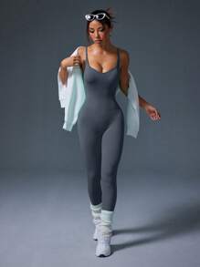 Slayform Slayform Women Solid Color Ruched Butt Yoga Jumpsuit With Straps - Dark Grey - View 5
