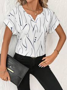 SHEIN Clasi Women's Casual V-Neck Polka Dot Print Short Sleeve Blouse - White - View 4