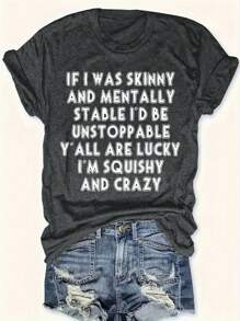 SHEIN LUNE Plus Women's Slogan Graphic Summer Dark Grey Crew-Neck T-Shirt Graphic Tees Women Tops - Grey - View 1