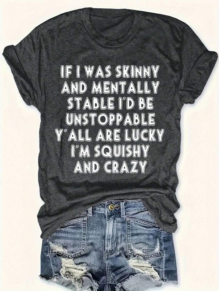 SHEIN LUNE Plus Women's Slogan Graphic Summer Dark Grey Crew-Neck T-Shirt Graphic Tees Women Tops - Grey - View 1