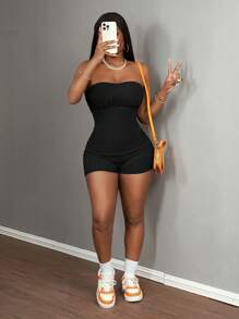 Slaydiva Women's Ribbed Strapless Jumpsuit Jumpsuit Shorts - Style A - Black - View 5