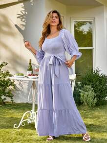 KURAYIA Plus Size Square Neck Wide Leg Loose Belted Jumpsuit, Vacation Wear - Purple - View 5