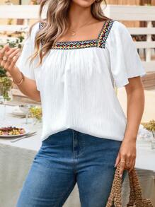 SHEIN LUNE Plus Size Women Square Neck Embroidery Tape Flowy Sleeve Retro Print Trim Blouse Top Cowgirl Summer For Graduation Spring Easter Vacation Bohemia - White - View 5