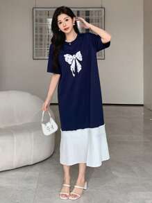 DAZY Women's Bow Patchwork Round Neck Short Sleeve Casual Dress Sundress Maxi Dress - Navy Blue - View 3
