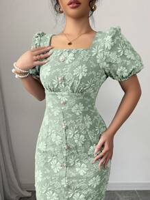 Modelyn Short Sleeve Square Neck Minimalist Dress, Fashionable For Summer - Green - View 6