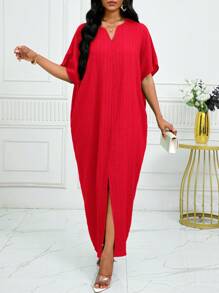 SHEIN Lady 女士纯色 V 领蝙蝠袖休闲连衣裙 - 紅色 - 查看 4