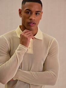 Musero Long Sleeve Fitted Button Up Collared Sheer Polo Style Seam Detail Top Spring Summer Essentials - Apricot - View 4