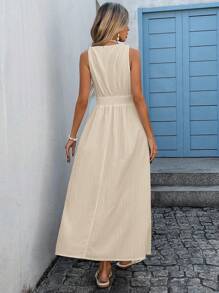 SHEIN VCAY Women's Solid Color Waist Spliced Lace Sleeveless Elegant Dress, Suitable For Vacation,Bohemia - Apricot - View 2