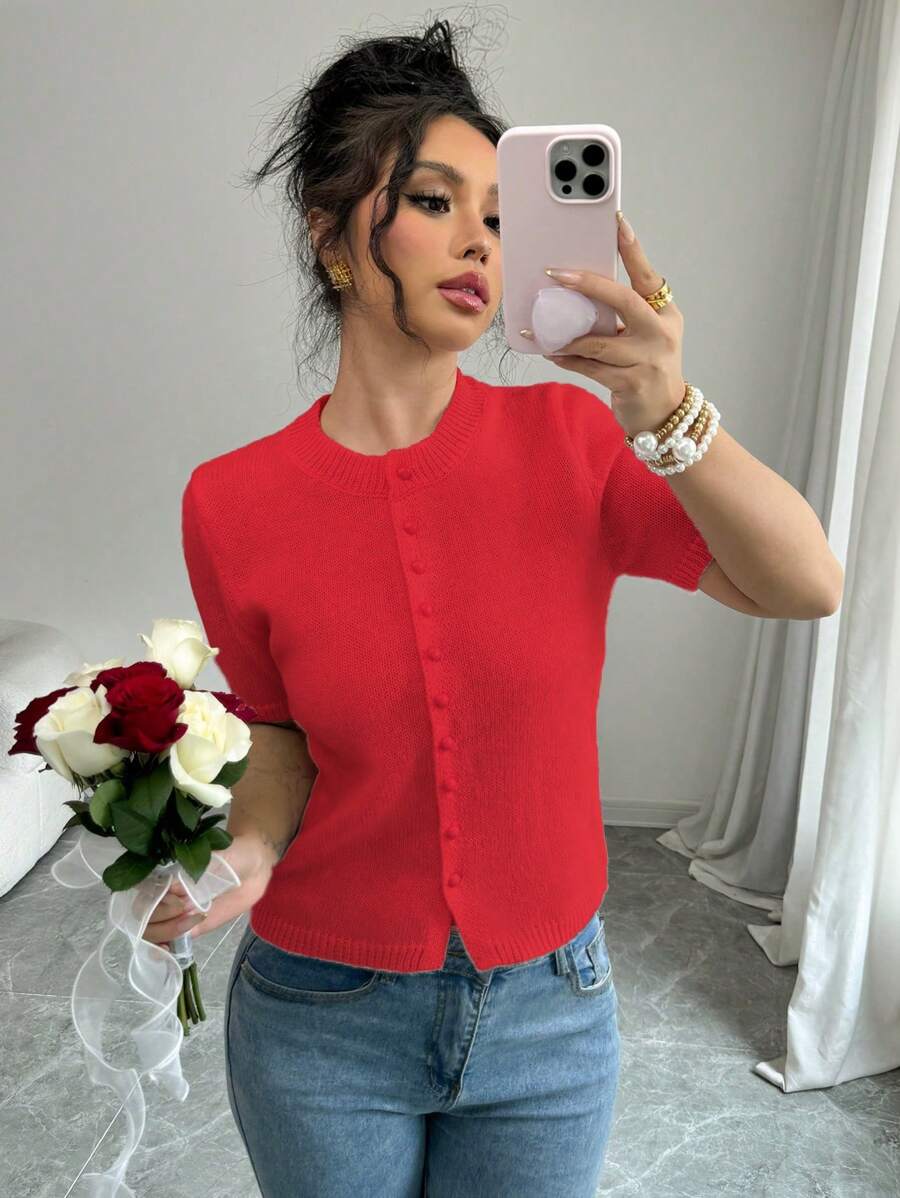 Chiquease New Arrival Casual Loose Pink Simple Button Knit Pullover Sweater, Women Short Sleeve - Red - View 1