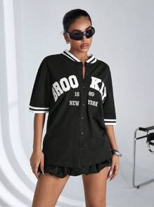 RueChic Letter Graphic Striped Trim Drop Shoulder Tee - Black - View 3