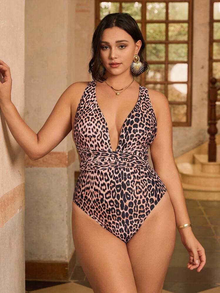 Swim Chiccia Plus Size One-Piece Leopard Print Crossover Swimsuit, Summer Beach - Multicolor - View 4