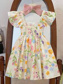 Souflis Souflis Vestido de princesa con estampado de conejos y flores, con mangas cortas, para niñas - Nuevas llegadas de primavera/verano para niñas