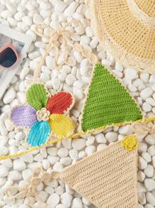 2 件套女士手工钩编花卉拼布泳装沙滩装套装