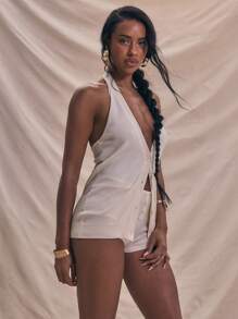 MUSERA Longline Fitted Button Up Sheer Knit Sleeveless Top Summer Holiday - Apricot - View 2