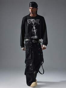 NEON BLANC 男士街头时尚铆钉宽松 3D 口袋拉链独特牛仔裤，街头服饰 - 黑色 - 查看 7