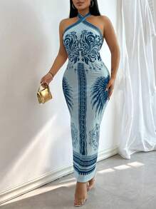 Chiquease Vestido elegante para mujer con escote halter, cintura anudada y abertura alta con estampado, para vacaciones - Azul - Ver 5