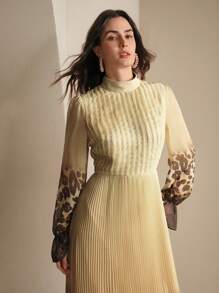 Anewsta Vacation Vibe Leopard Gradient Print Pleated Women Dress - Coffee Brown - View 5
