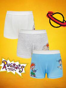 Nick 90s | SHEIN 3pcs Tween Boy White & Grey & Blue Contrast Trim Cartoon Print Boxer Briefs, Kids Boy Underwear,Basic Casual Briefs - Multicolor - View 2