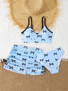 SHEIN Set de 3 piezas Bikini estampado para niña preadolescente - Azul - Ver 5