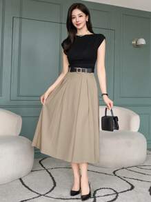 DAZY 女士纯色百褶A字优雅通勤半身裙，秋冬女装半身裙 - 卡其色 - 查看 3